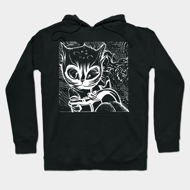 Funny Alien Cat - Whimsical White Hand Drawing Hoodie by Rishirt